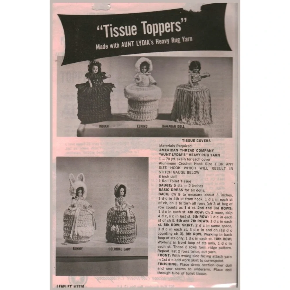 Vintage Aunt Lydia's Tissue Toppers Crochet Pattern Leaflet 1119 Doll Covers